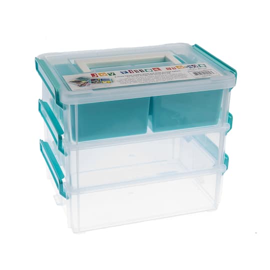 John Bead 8&#x22; Joy Filled Clear &#x26; Turquoise Stackable Storage With Handle